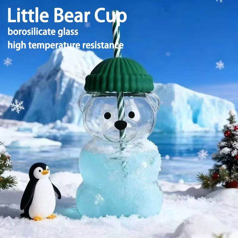 "Creative bear-shaped glass cup, cute bear design with straw and ice-infused cup, capacity 591 ml, portable 20 oz bear cup"